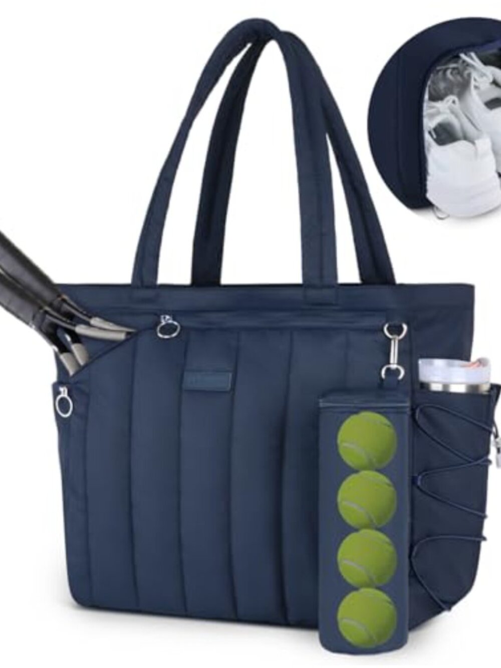 Quilted Tennis Tote Bag with Shoe Compartment, Fits 2-4 Rackets & Laptop